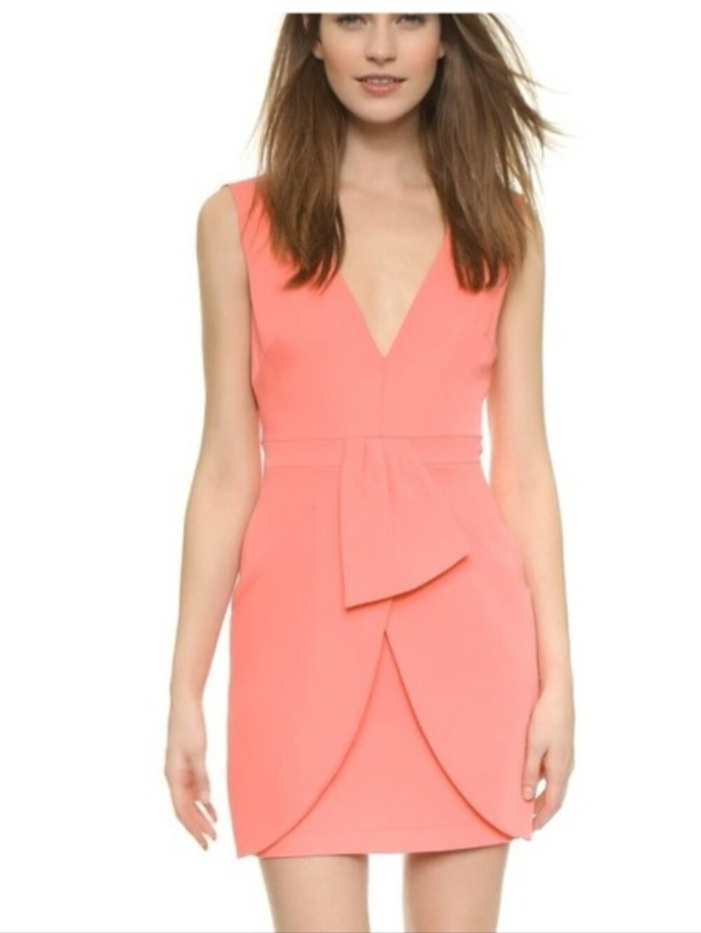BCBG Max Azria Clare Dress Coral Pink Drape Ruffle Mini Womens Sleveless Sz 2
